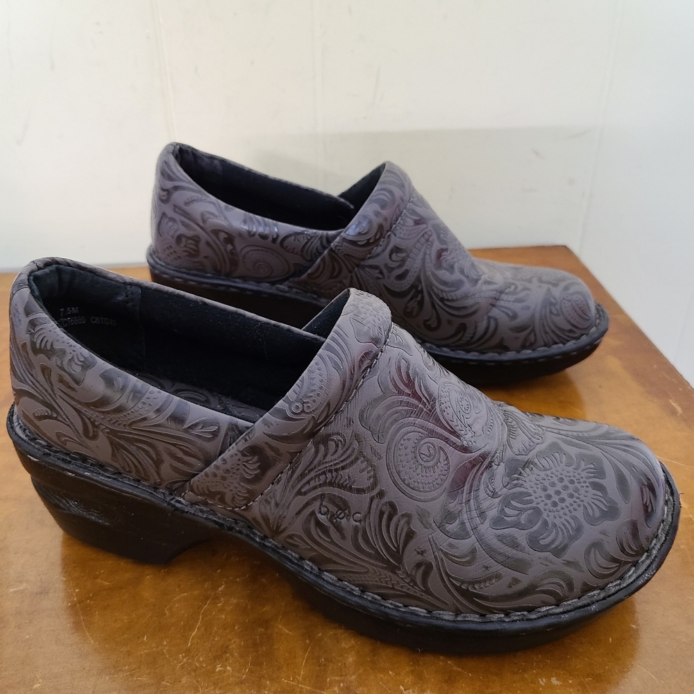 b. ø. c. Brand Tooled Leather Look Clogs With Back